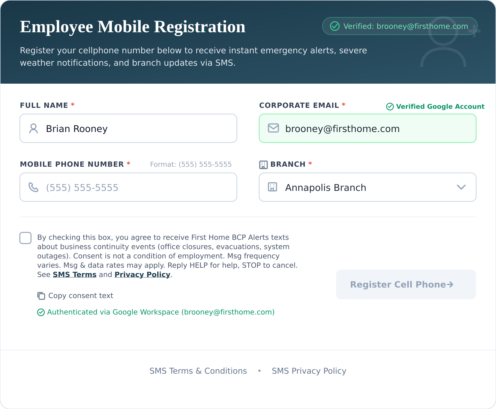 First Home BCP Alerts Employee Mobile Registration Opt-In Form